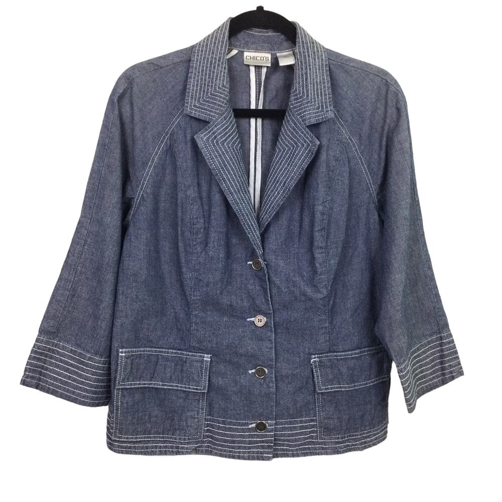 Chico’s Y2K Chambray Coastal Casual Boho Chic Preppy Single Breast Blazer Size 2